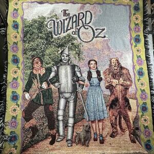 Vintage 2002 Wizard of Oz Woven Sofa Throw Blanket 48x56 Acrylic Fringed
